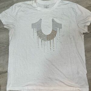 True Religion Rhinestone Logo White Tee with Gold Accents